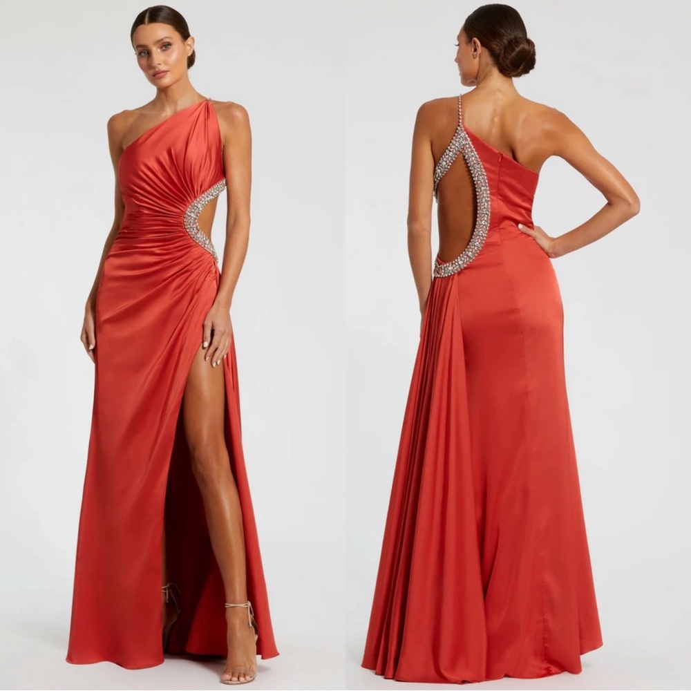NWT Mac Duggal One-Shoulder Coral-Red Satin Maxi Gown with Jeweled Cutout